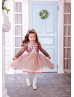 Long Sleeve Cocoa Lace Tulle Beaded Flower Girl Dress